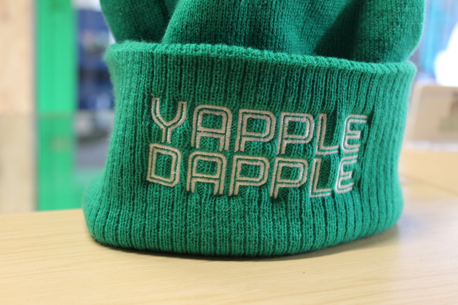 Embroidered Yapple Dapple Logo to front of beanie 