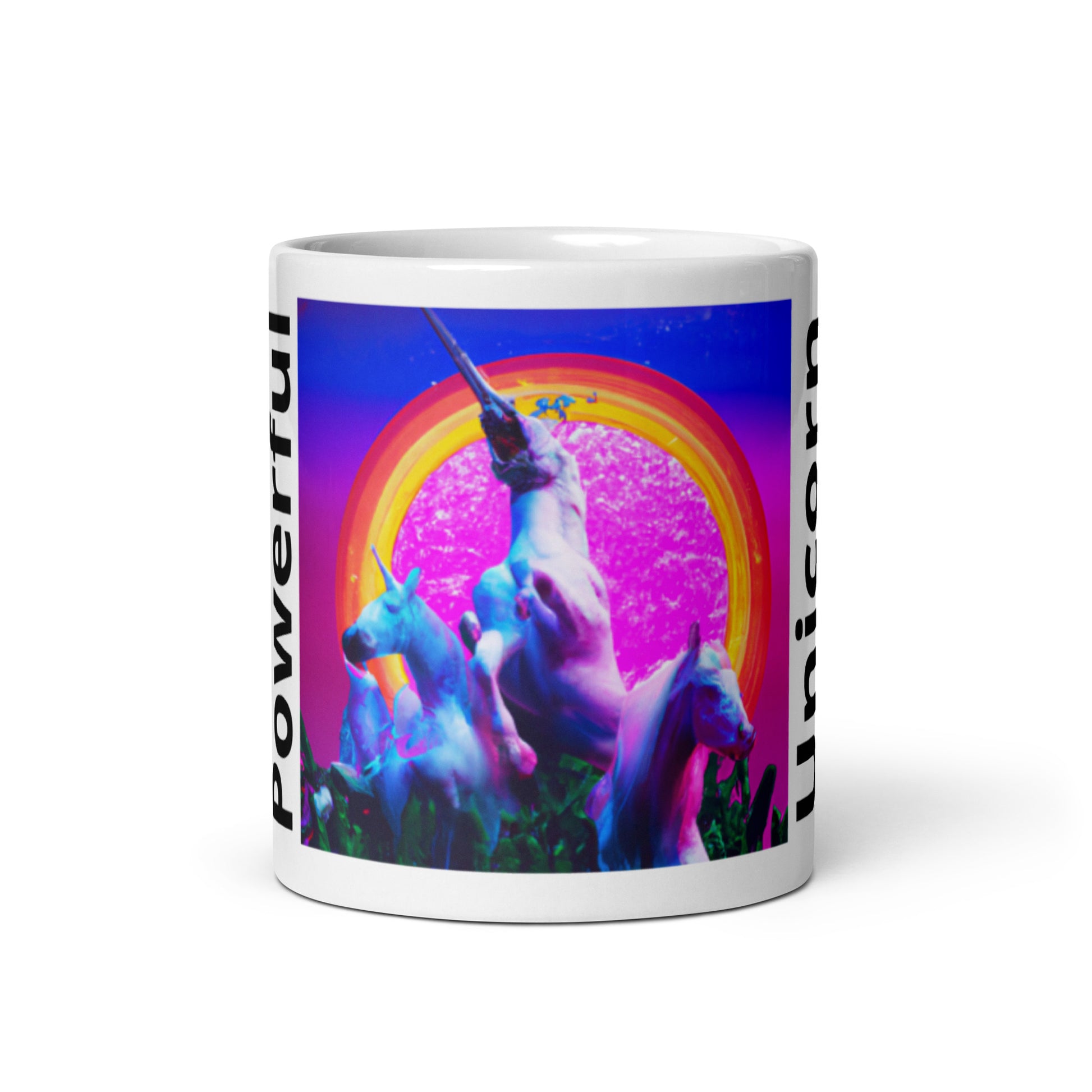 3 unicorns in a magical forest. The most powerful rears up infront of the rainbow portal.